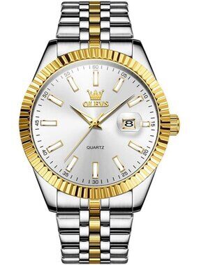 Olevs Mens Silver Gold Luxury Stainless White Face Analog Quartz Luminous Watch